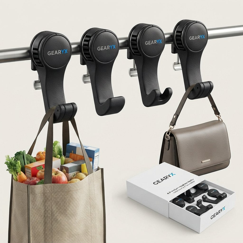 Gearyx Hooks — Headrest Hangers with Phone Notch (4-Pack)