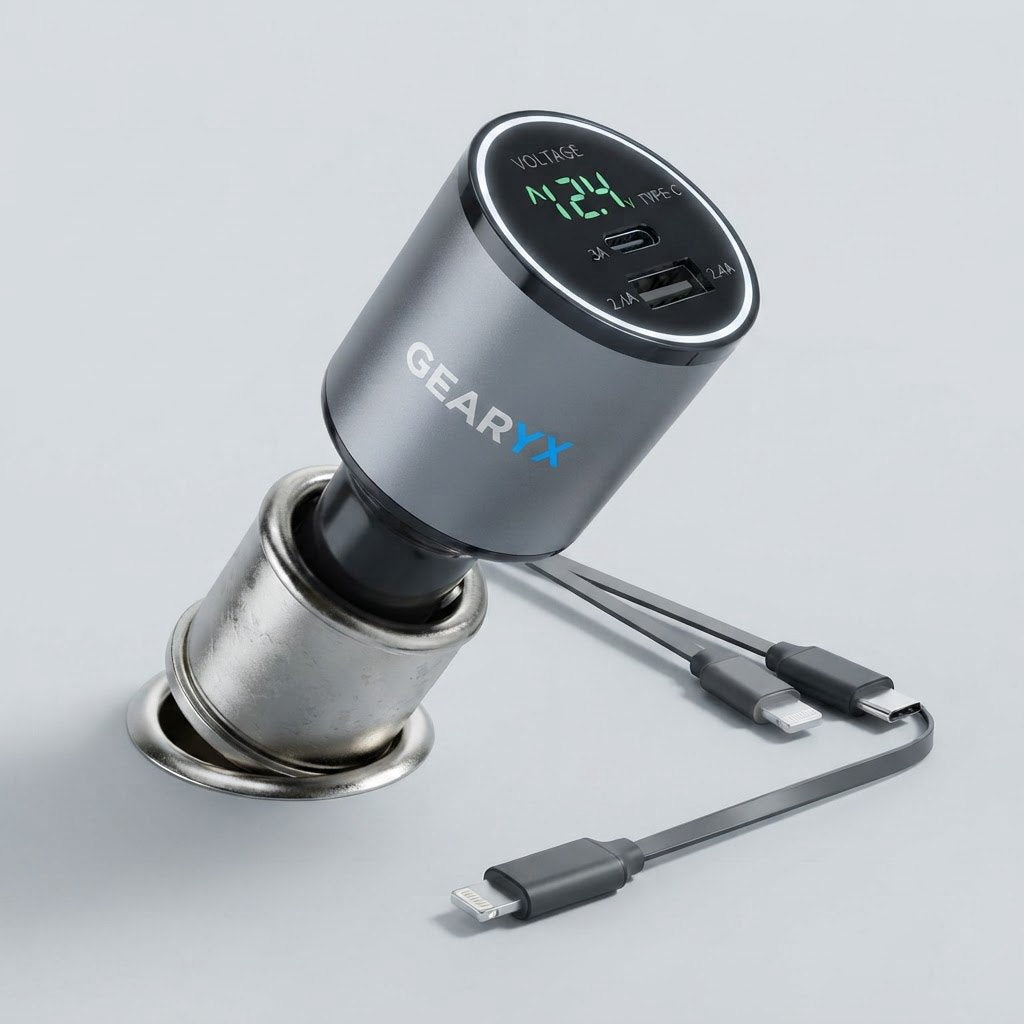 Gearyx Reel — 4-in-1 Retractable Car Charger (2 Cables + 2 Ports)