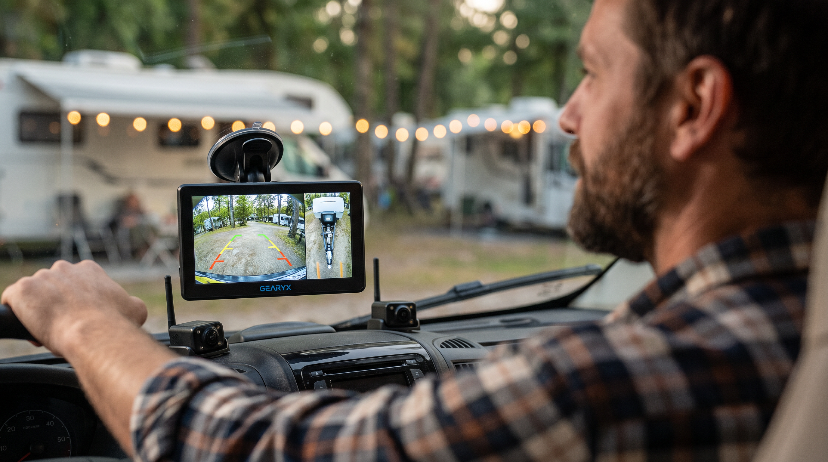 Gearyx Rear Pro split-screen monitor in use at a campsite