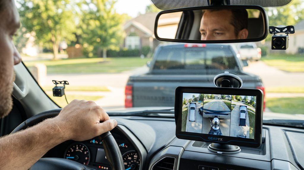 Aligning trailer hitch using Gearyx Rear Pro hitch camera view