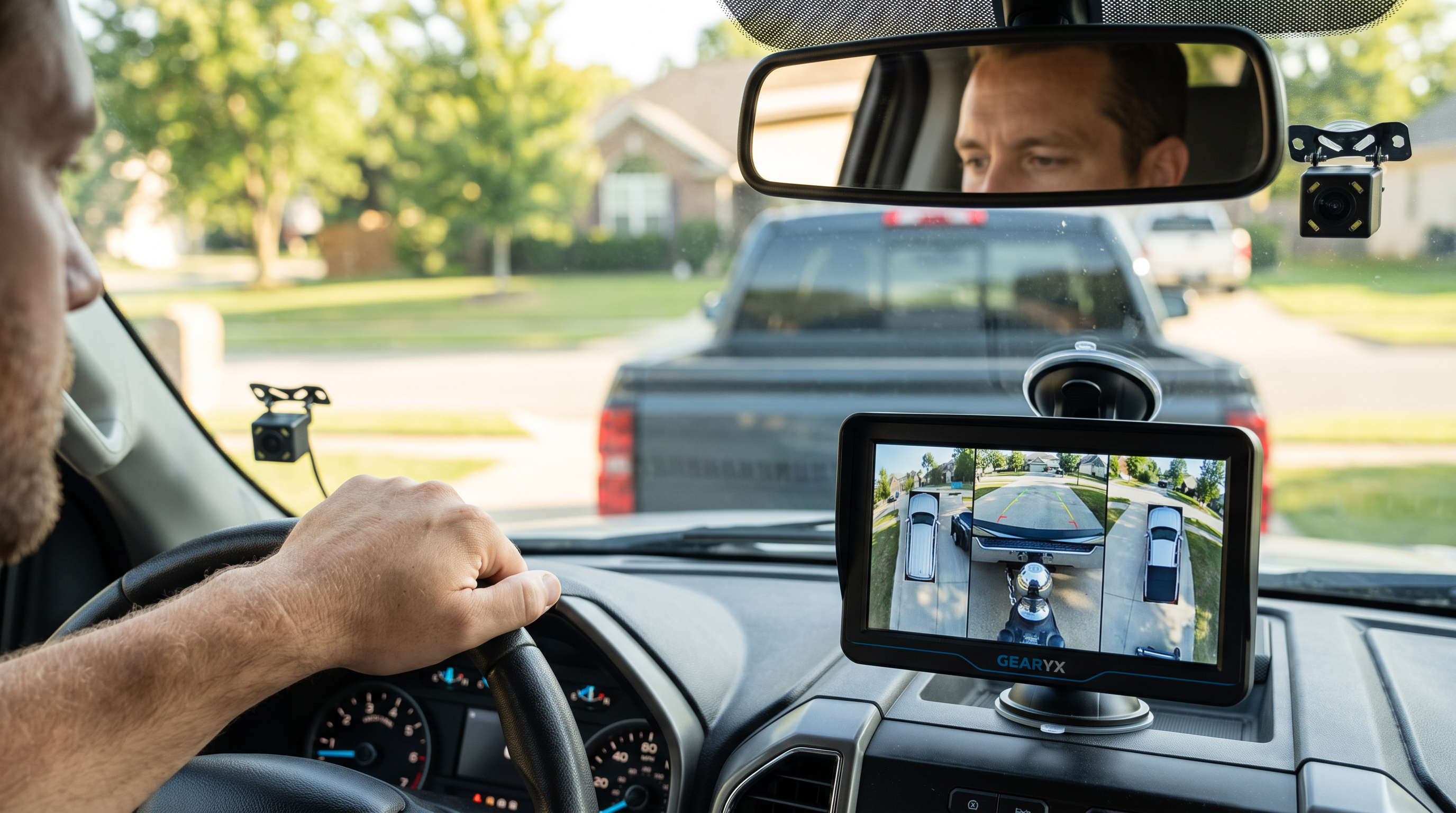 Aligning trailer hitch using Gearyx Rear Pro hitch camera view